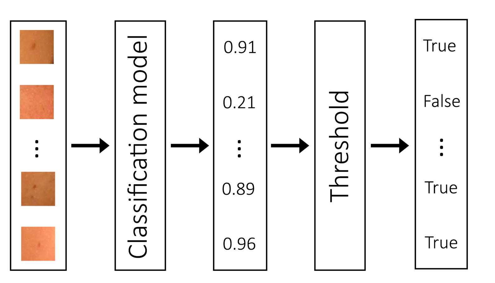 Figure 1: Process of facial mark recognition. The model assigns a probability score to an image, and a threshold decides if it is &lsquo;True&rsquo; or &lsquo;False&rsquo;
