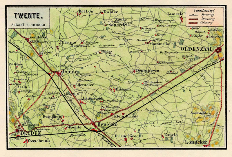 Figure 5: A map of Twente in 1884. Important for distance references: Borne, Delden and Hengelo can all be seen on this map.