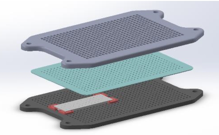 Figure 1: The four main components of the cartridge: top (light grey), seal gasket (green), corner pieces (red), microfluidic chip (white) and bottom (dark grey)